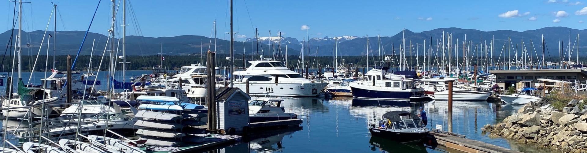 Boats at Comox Marina with the Beaufort Mountains beyond